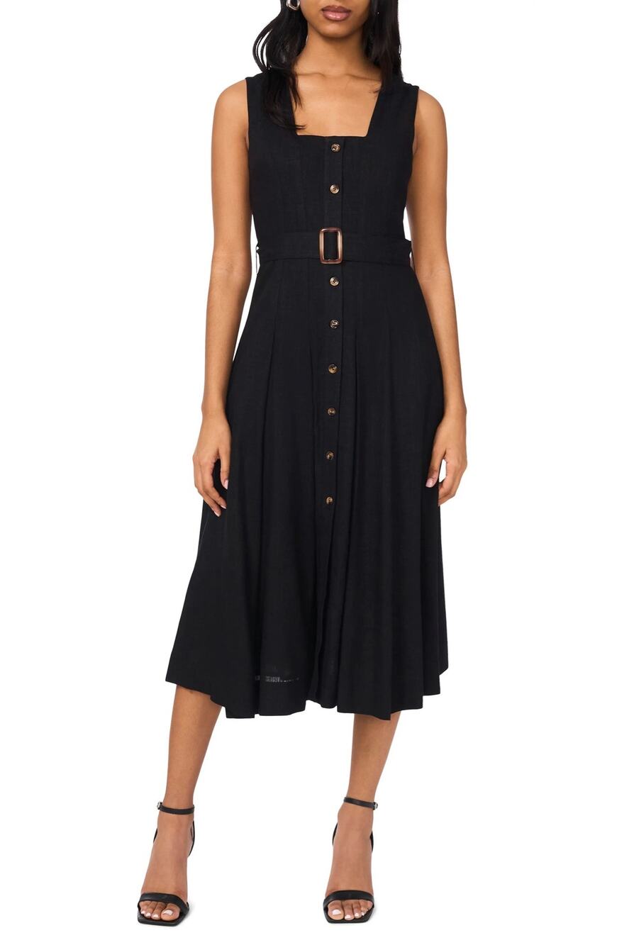 Halogen Button Front Midi Dress Black Sleeveless Linen Blend Belted Womens Sz S
